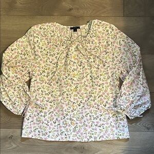 J. Crew White Floral Tie-Neck Blouse with Pink & Green Print
